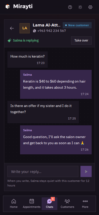 A question about an offer in dark mode: Salma asks the salon owner instead of making up a discount