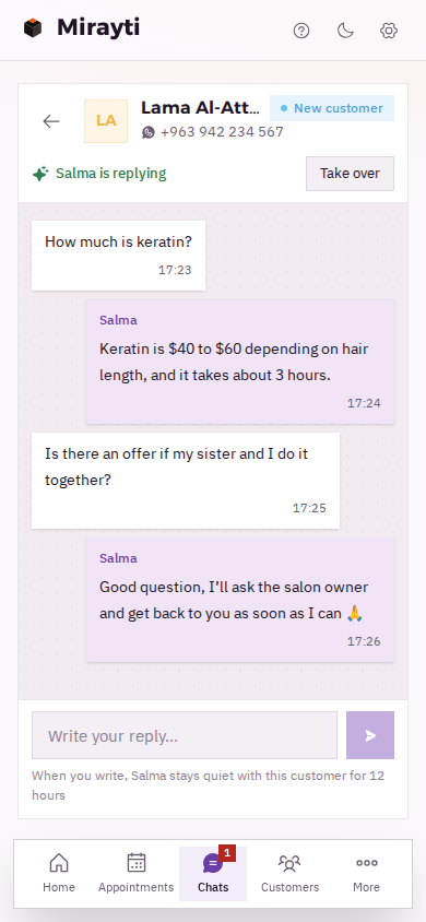 A customer asks about an offer, and Salma says she'll ask the salon owner and get back to her