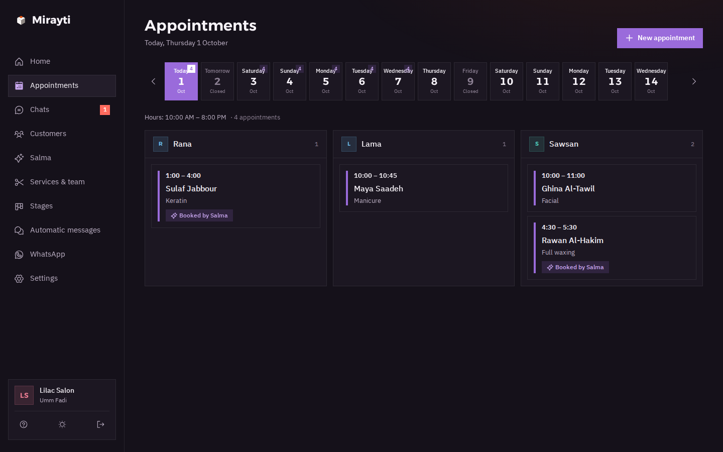 Mirayti's appointment calendar in dark mode: today's appointments for each stylist