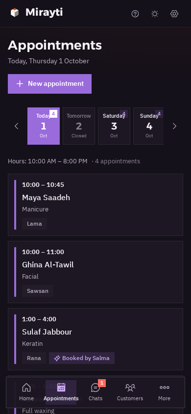 The salon's appointment calendar on a phone in dark mode