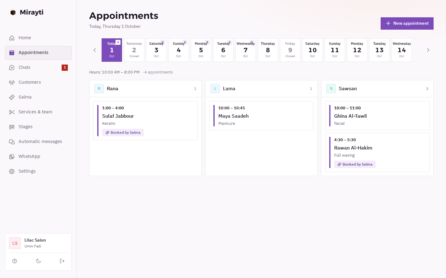 Mirayti's appointment calendar: today's appointments for each stylist, with «booked by Salma» on the ones the assistant booked