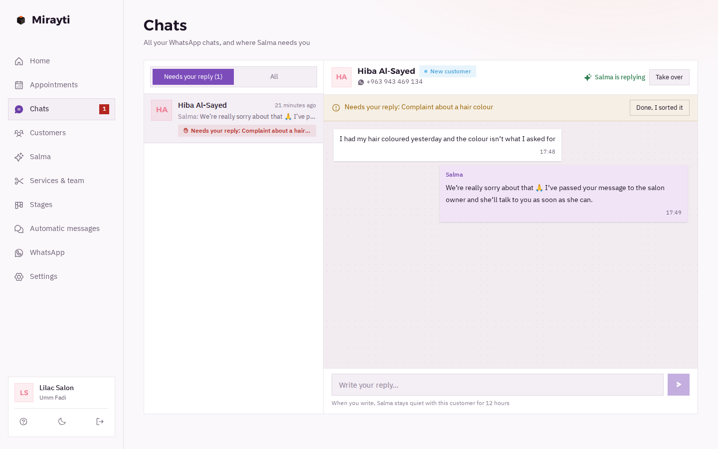 The chats page: a complaint about a hair colour, the assistant apologised and handed it to the salon owner, with a «Take over» button