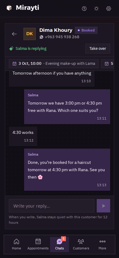 The same chat in dark mode: Salma confirms a haircut with Rana